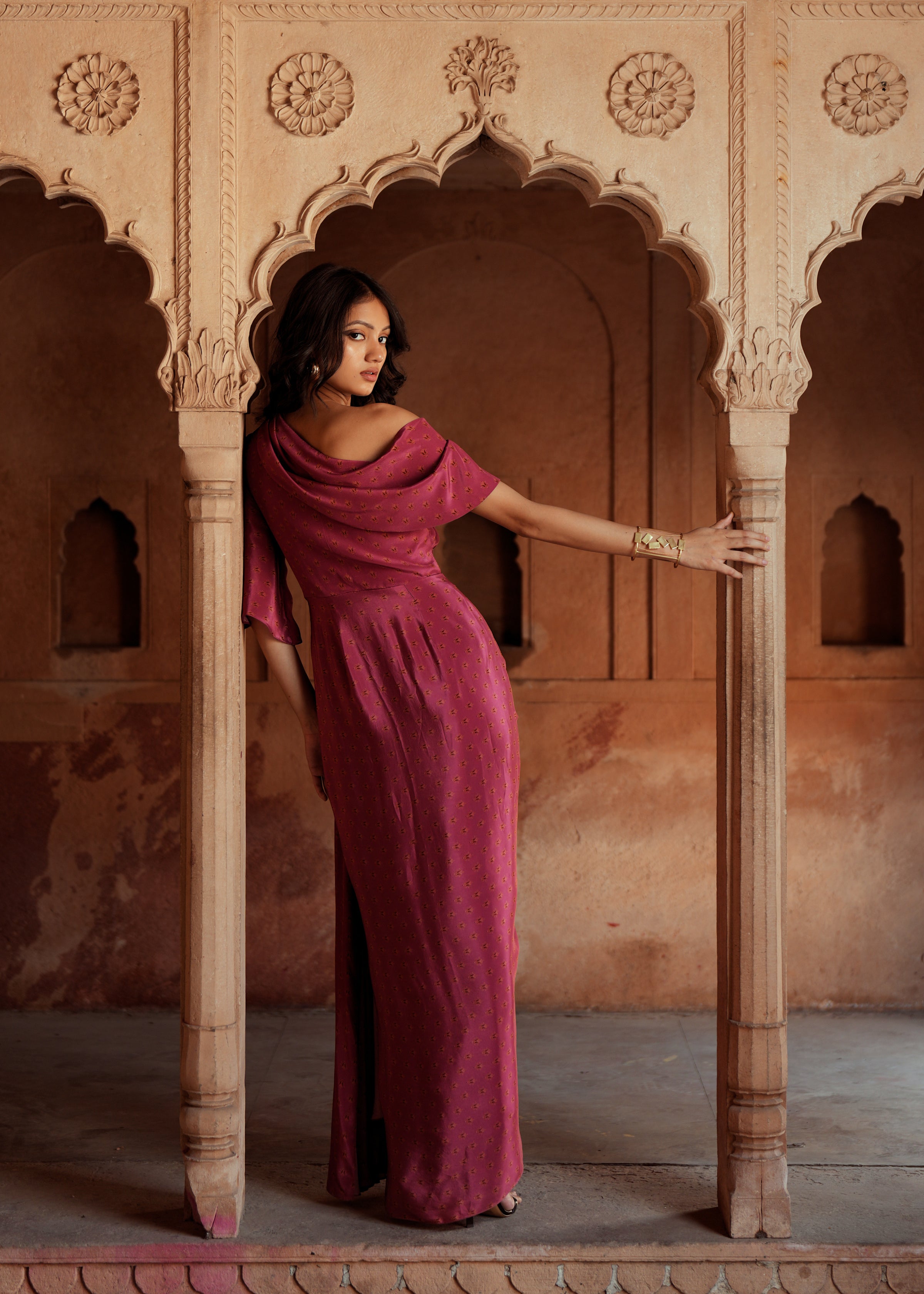 Mulberry pink embroidered one shoulder drape dress