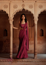 Mulberry pink embroidered pre stitch drape saree set