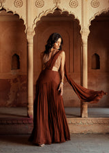 Brown embroidered pre stitch drape saree set