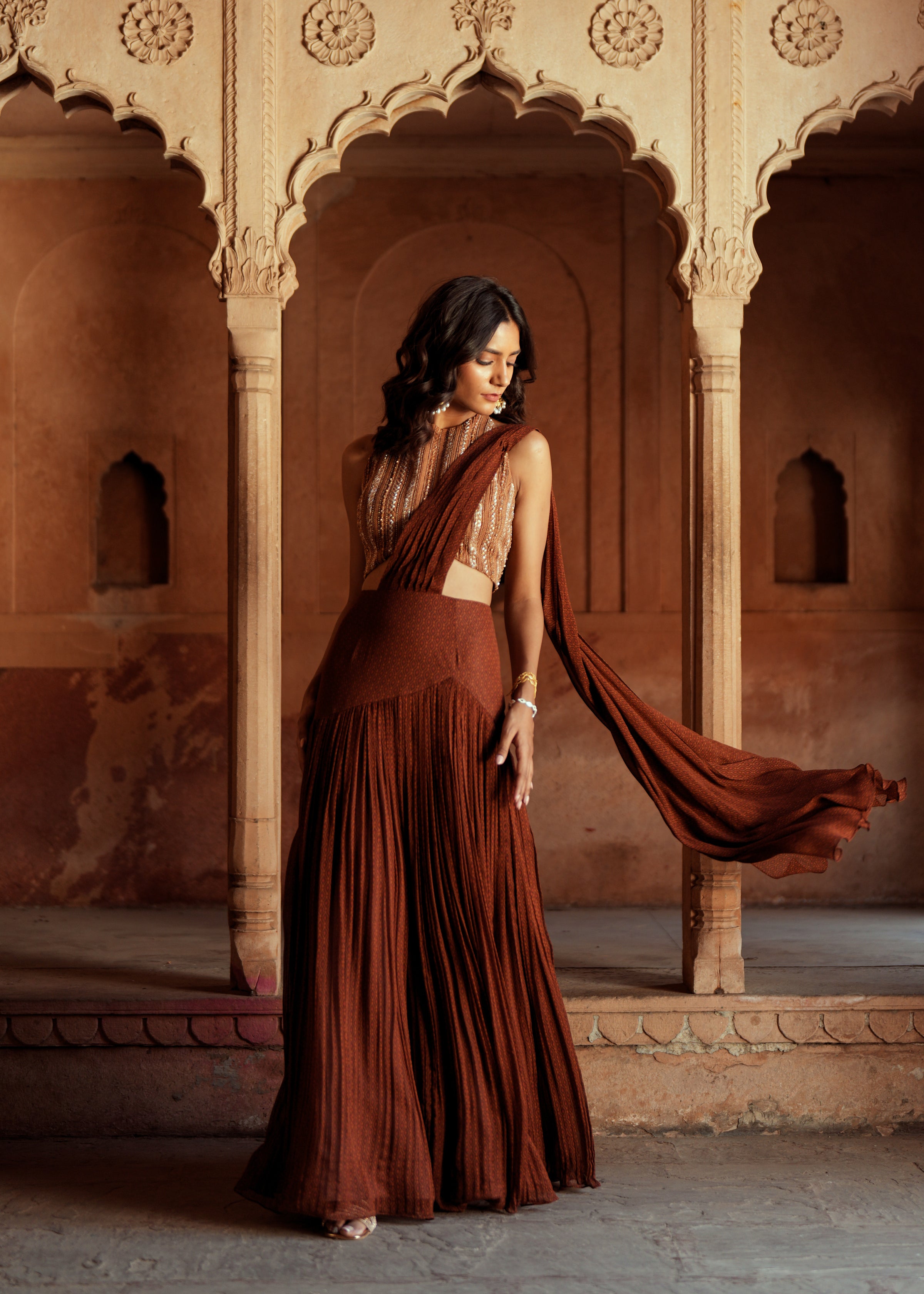 Brown embroidered pre stitch drape saree set