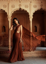 Brown embroidered pre stitch drape saree set
