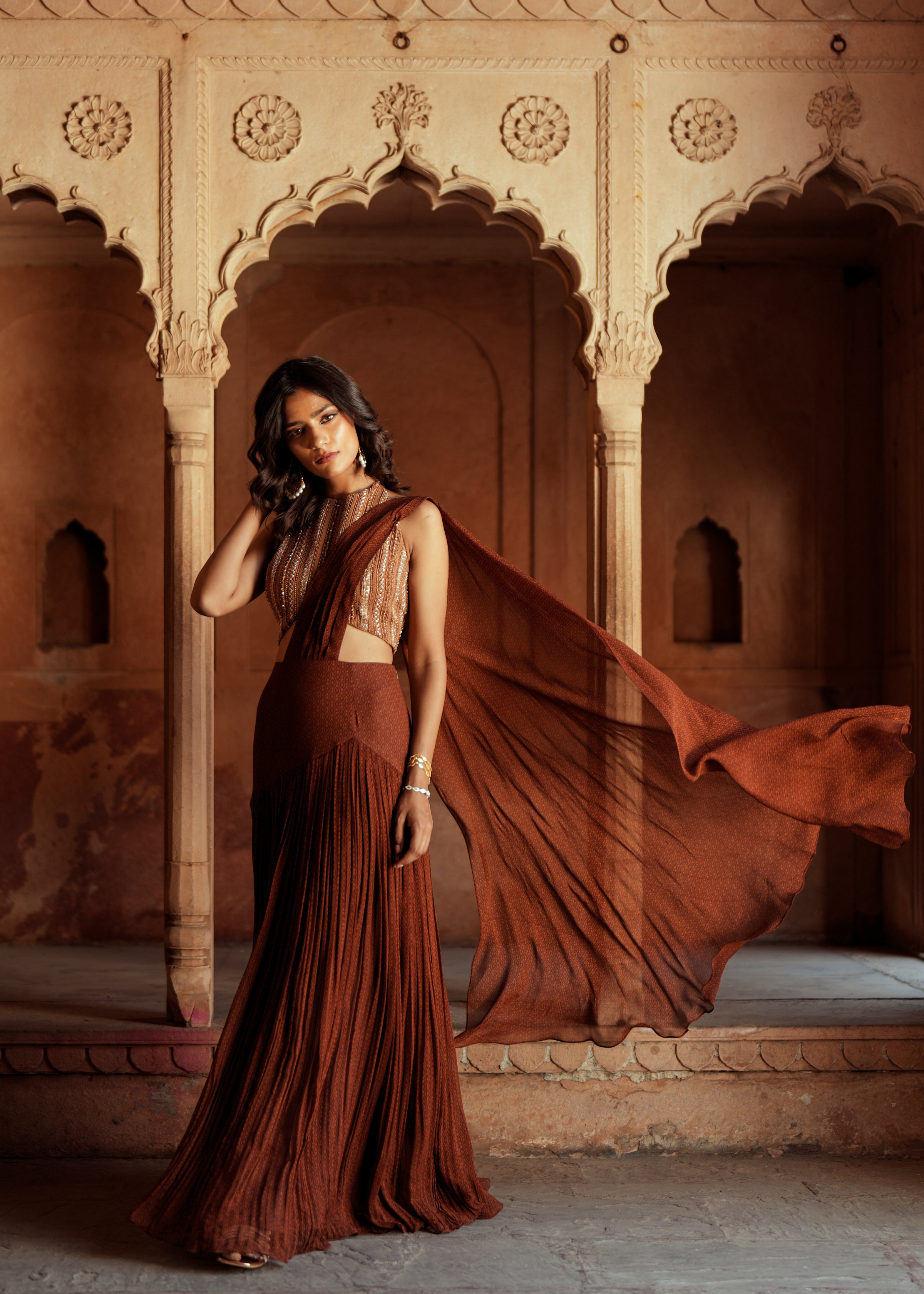 Brown embroidered pre stitch drape saree set
