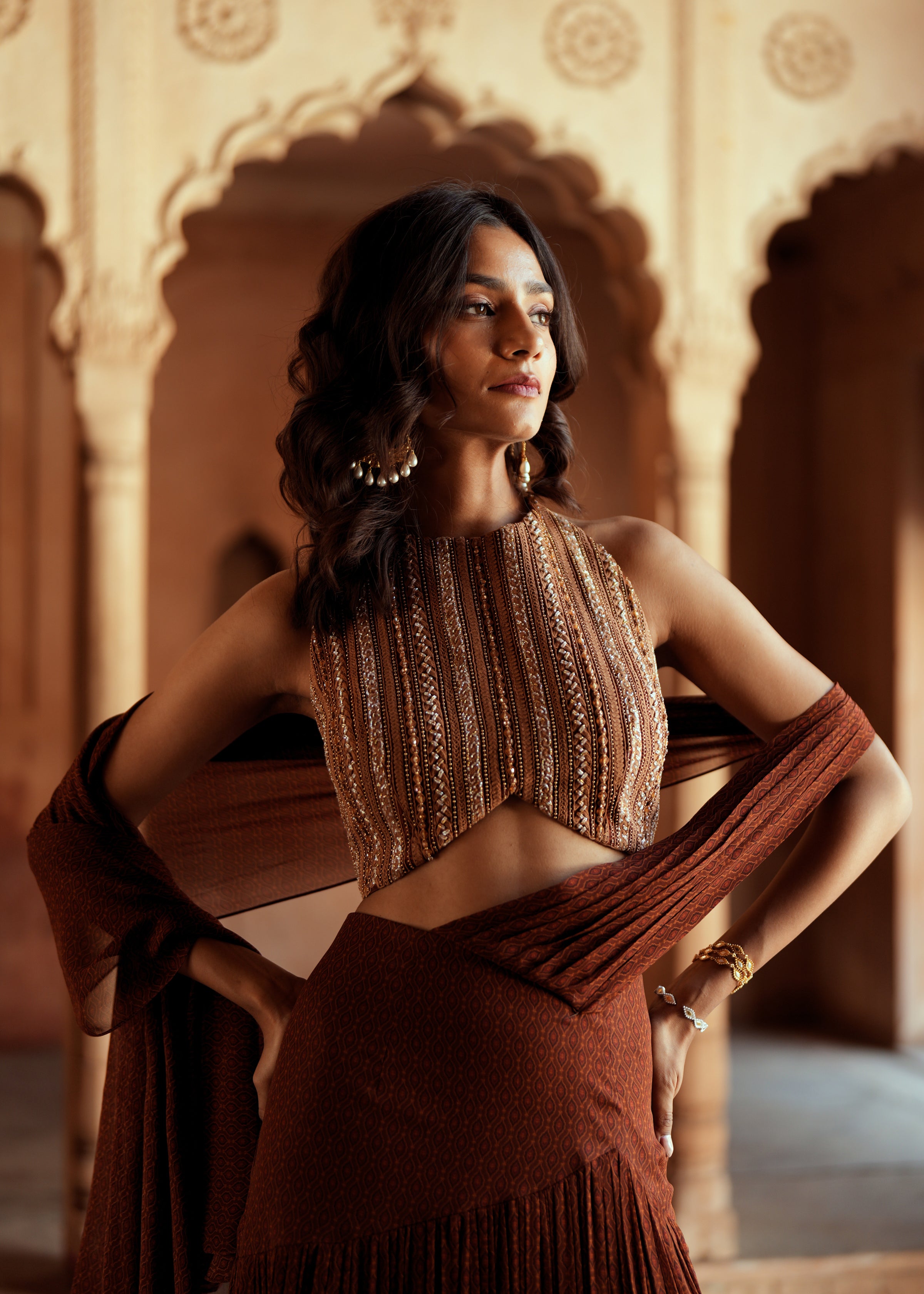 Brown embroidered pre stitch drape saree set