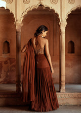 Brown embroidered pre stitch drape saree set