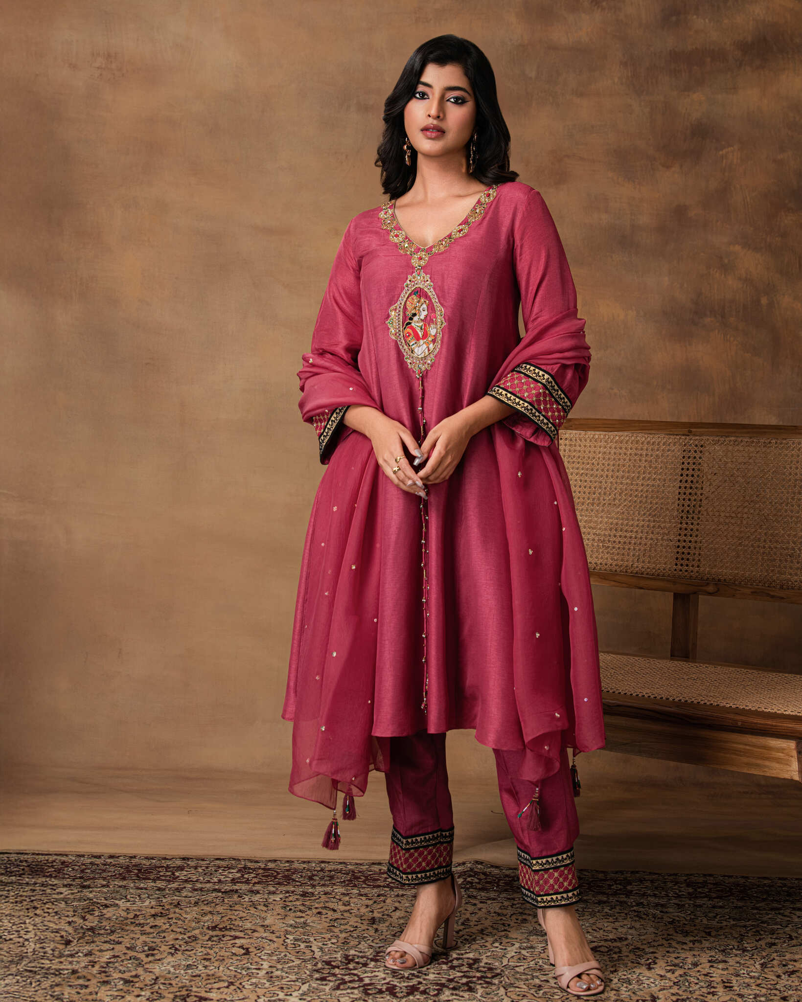 Pink silk embroidered kurta set