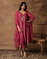 Pink silk embroidered kurta set