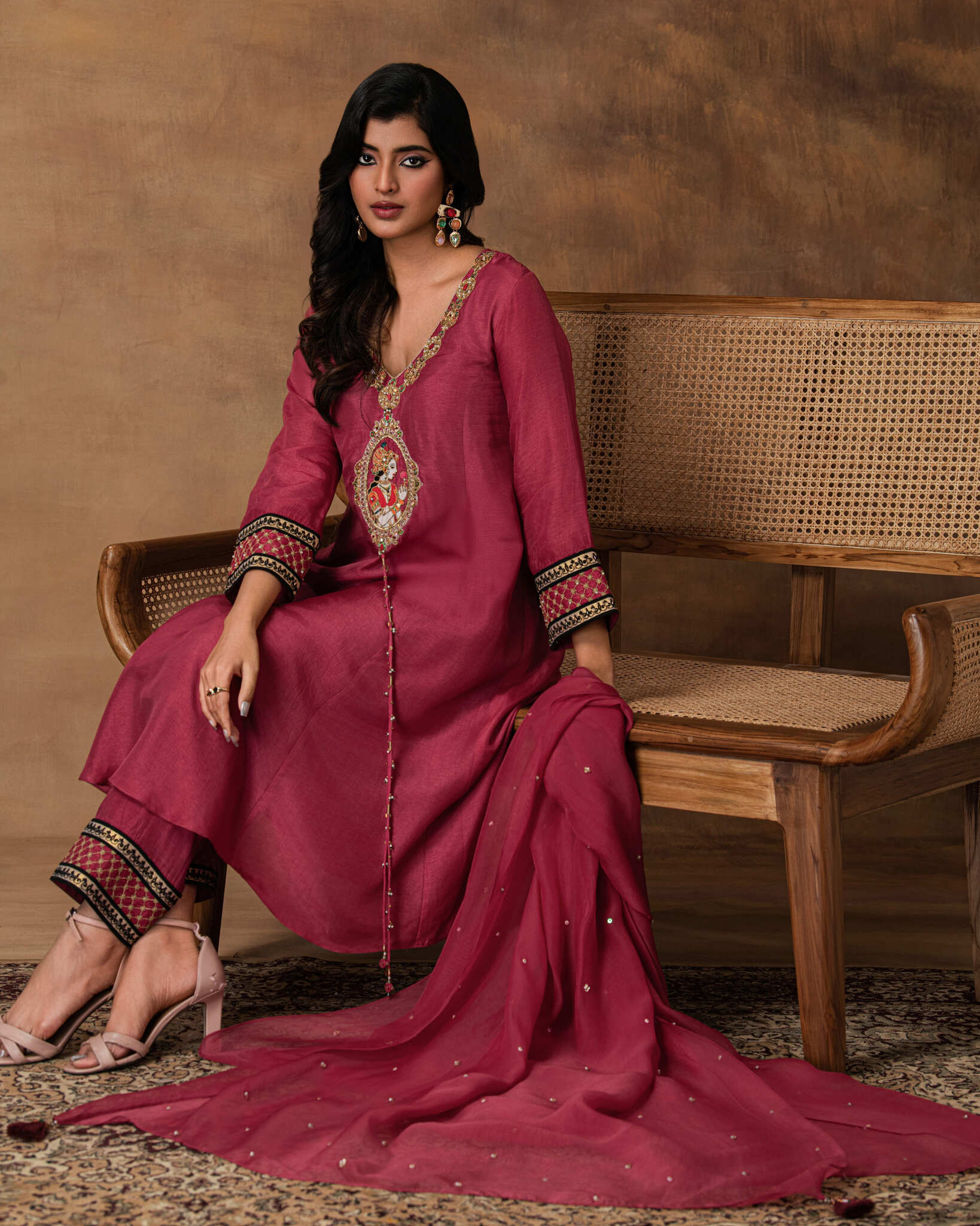 Pink silk embroidered kurta set