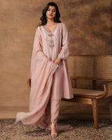 Pastel Pink silk embroidered kurta set