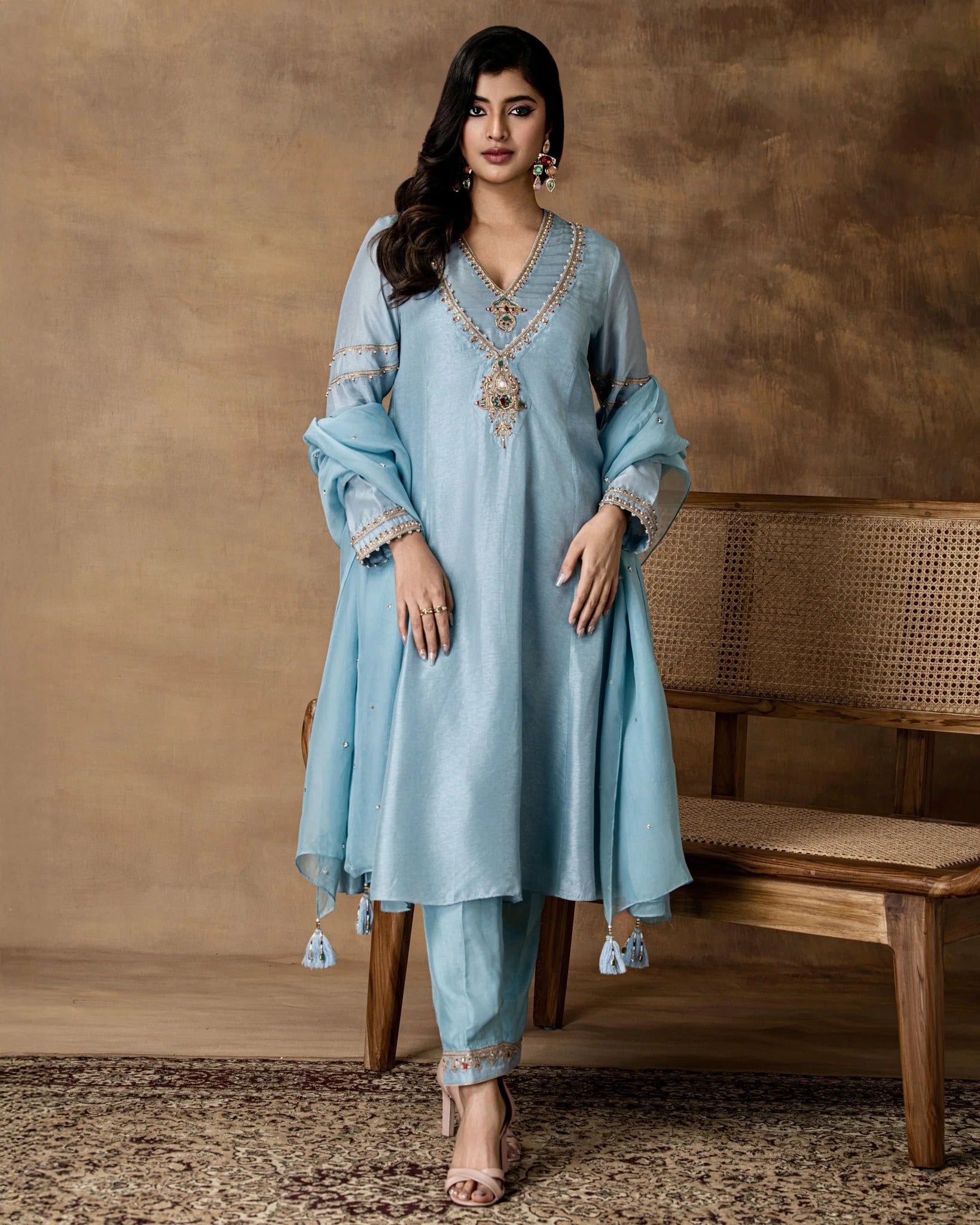 Metallic Pastel Blue silk embroidered kurta set