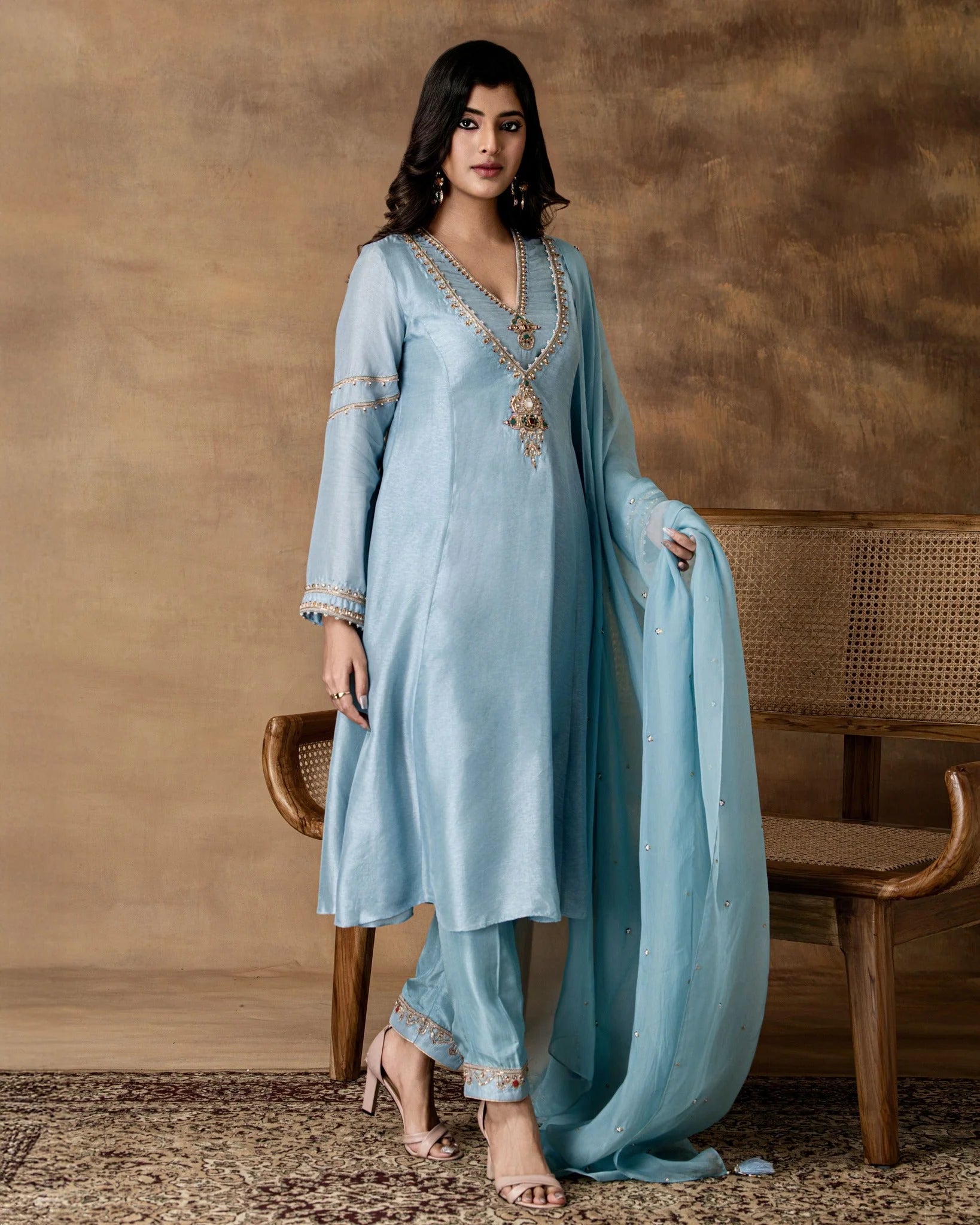 Metallic Pastel Blue silk embroidered kurta set