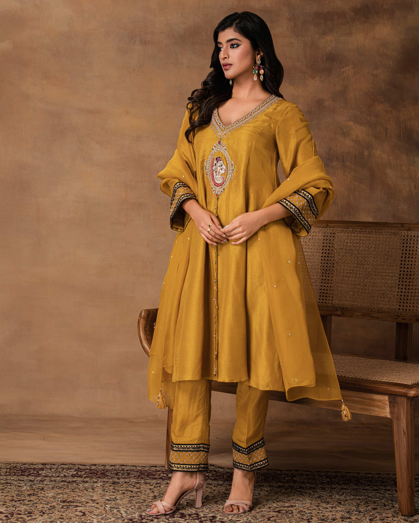 Golden Yellow silk embroidered kurta set