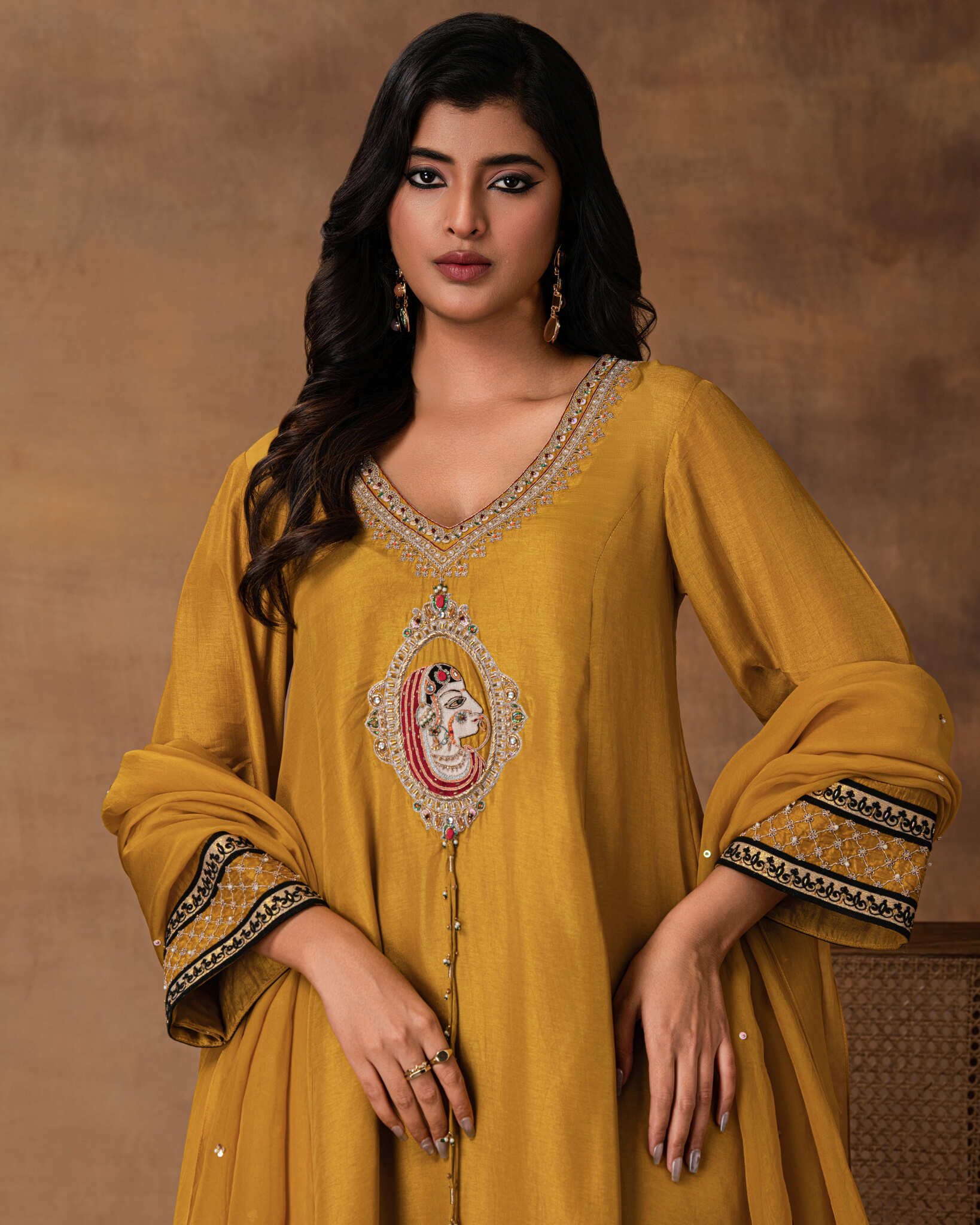Golden Yellow silk embroidered kurta set