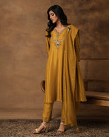 Golden Yellow silk embroidered kurta set