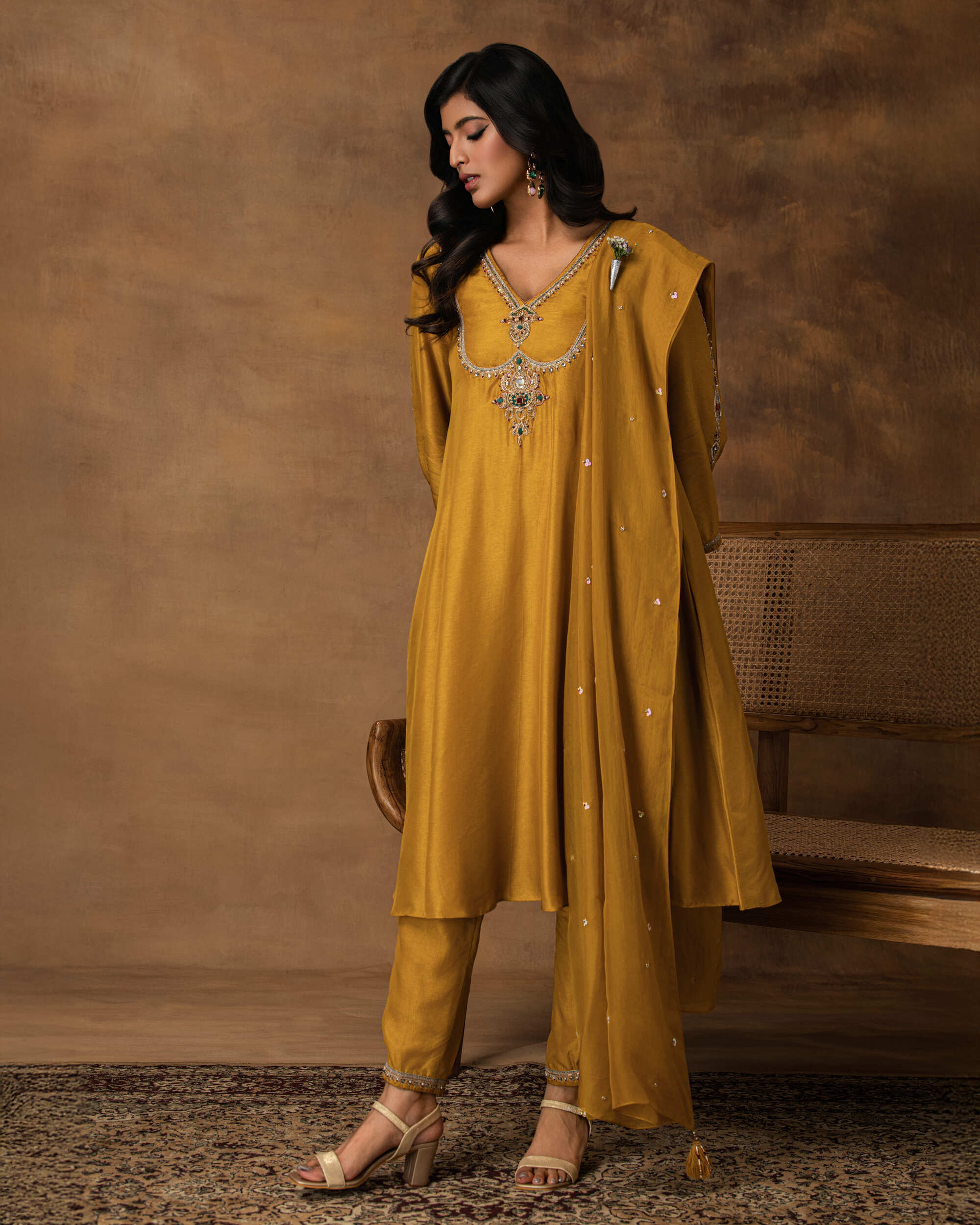 Golden Yellow silk embroidered kurta set