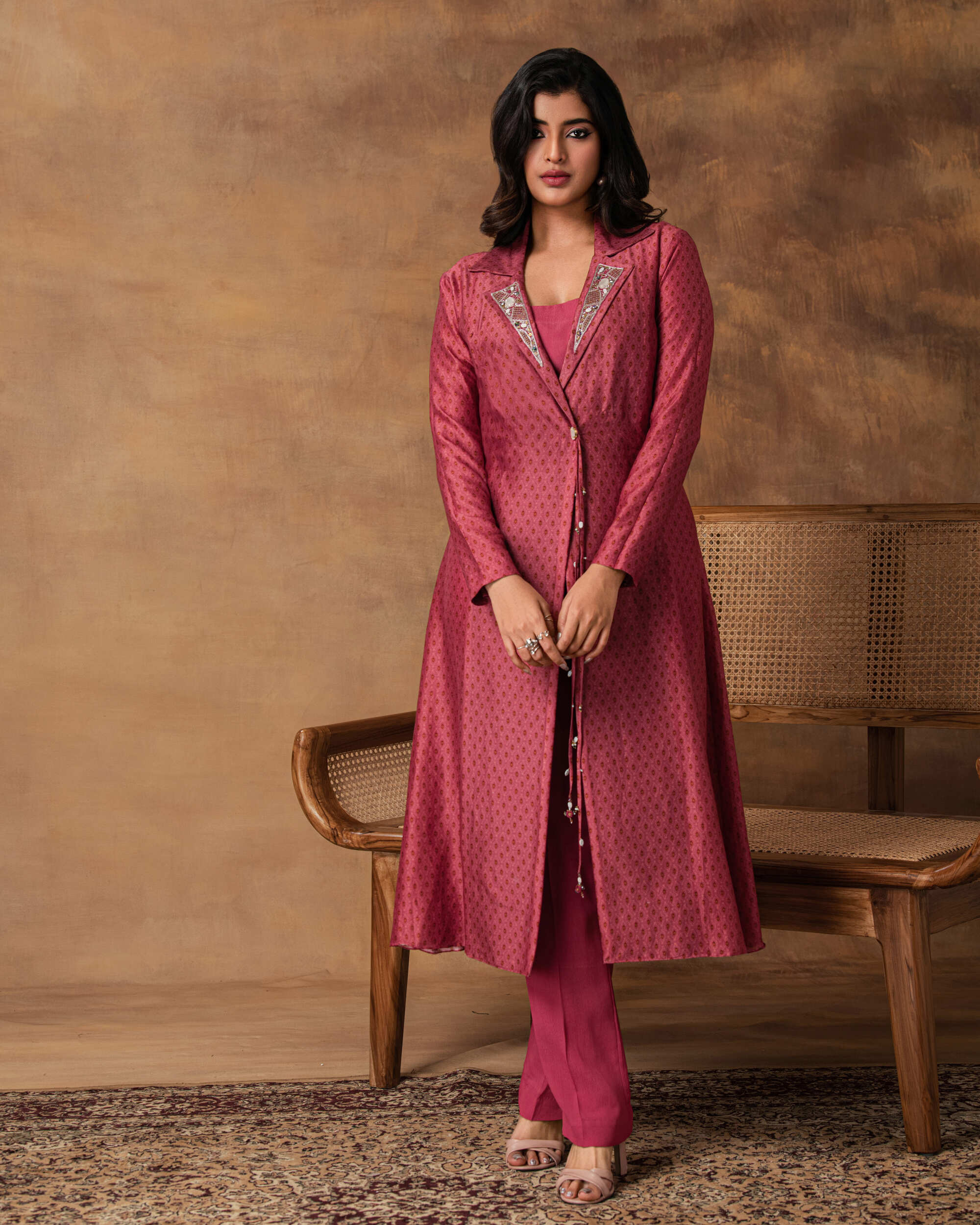 Pink Printed Jacket Style Kurta Set