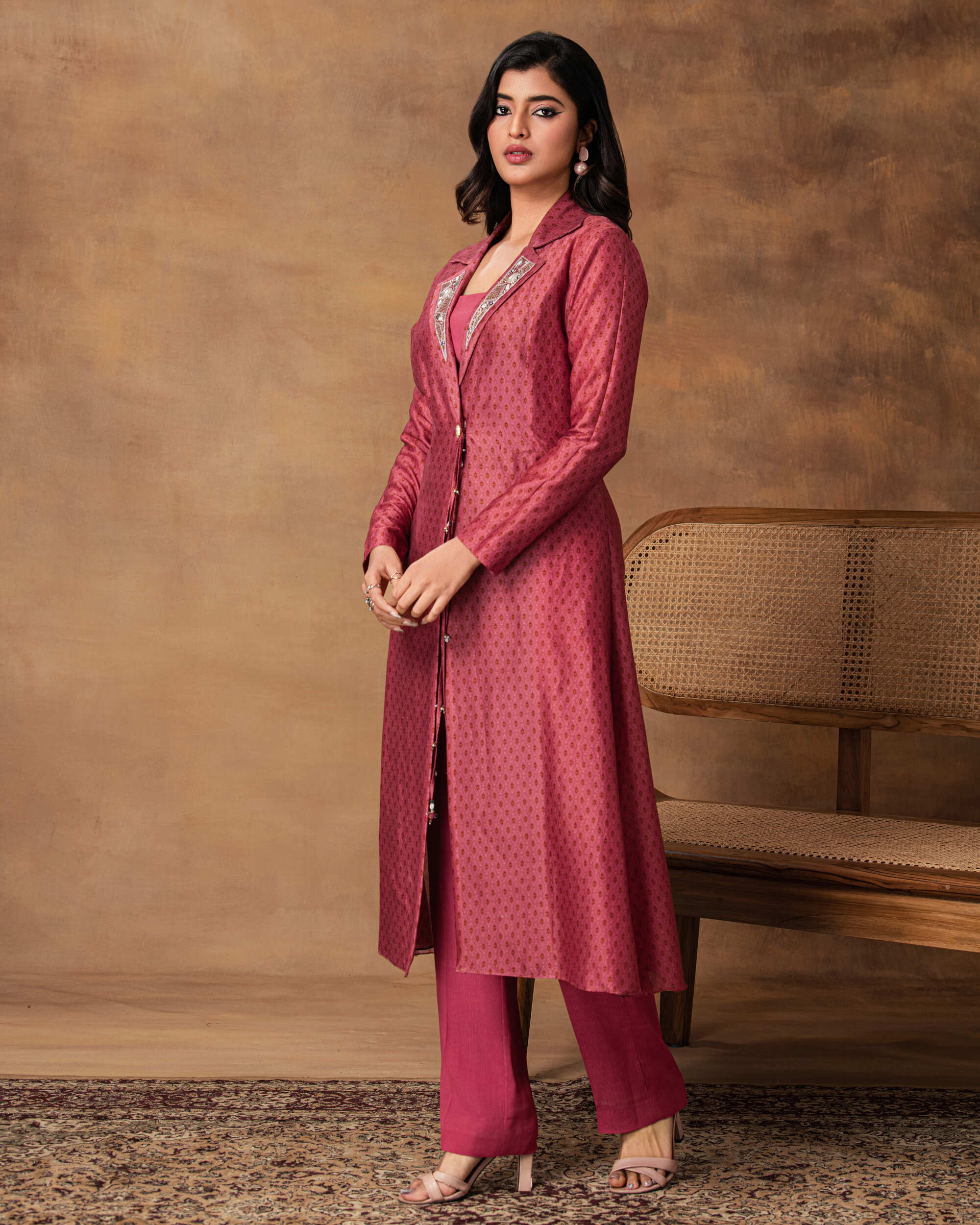 Pink Printed Jacket Style Kurta Set