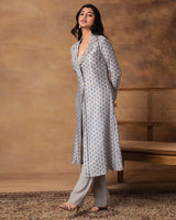 Steal Grey Printed Jacket Style Kurta Set