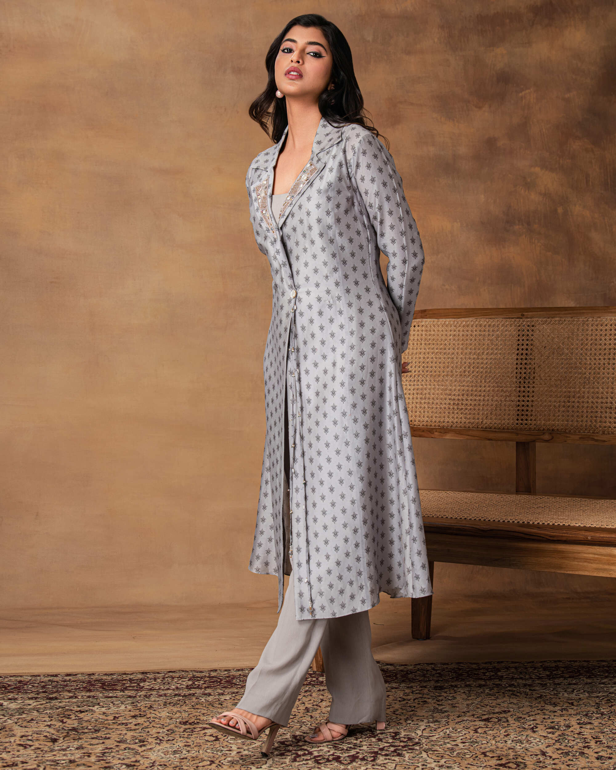 Steal Grey Printed Jacket Style Kurta Set