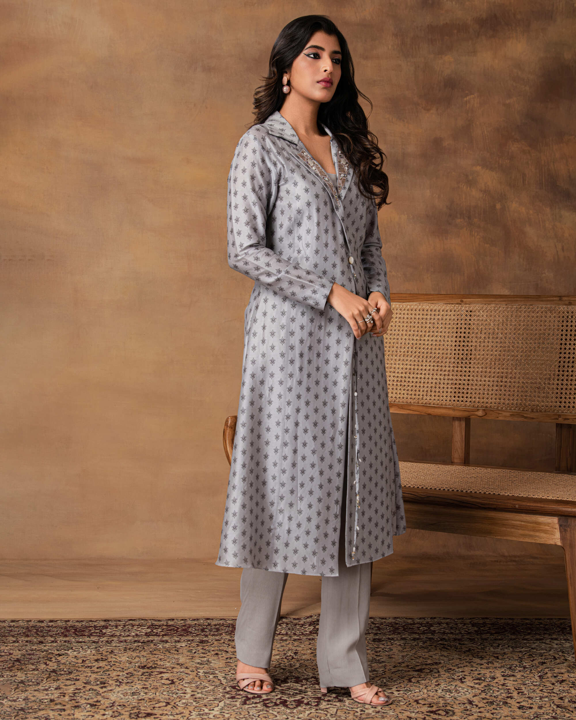 Steal Grey Printed Jacket Style Kurta Set
