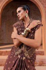 Brown Embroidered Pre-Draped Saree
