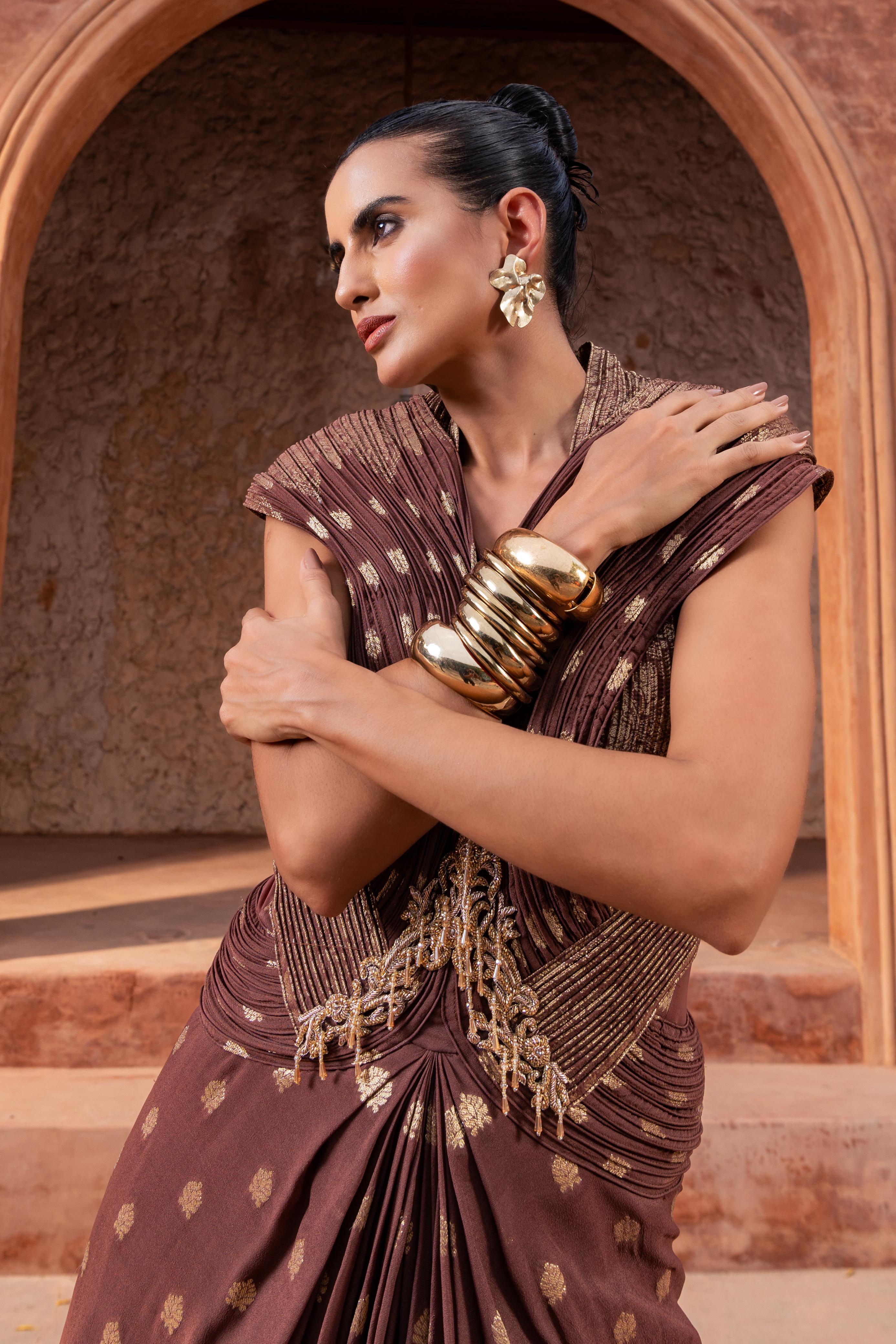 Brown Embroidered Pre-Draped Saree