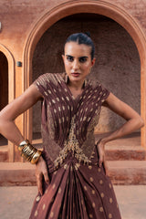 Brown Embroidered Pre-Draped Saree