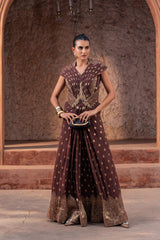 Brown Embroidered Pre-Draped Saree