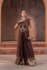 Brown Embroidered Pre-Draped Saree