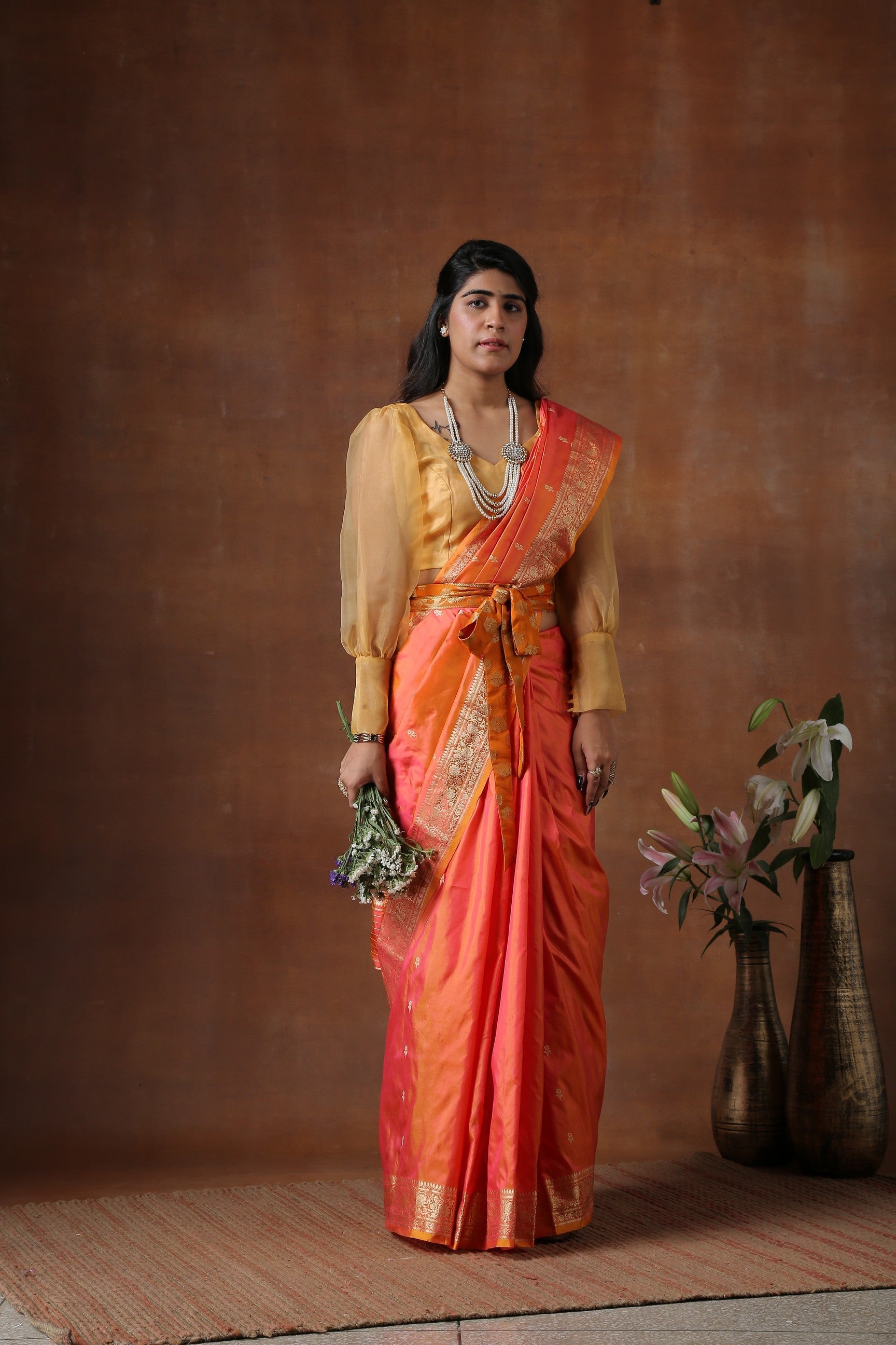 Orange Pure Katan Silk Banarasi handloom saree