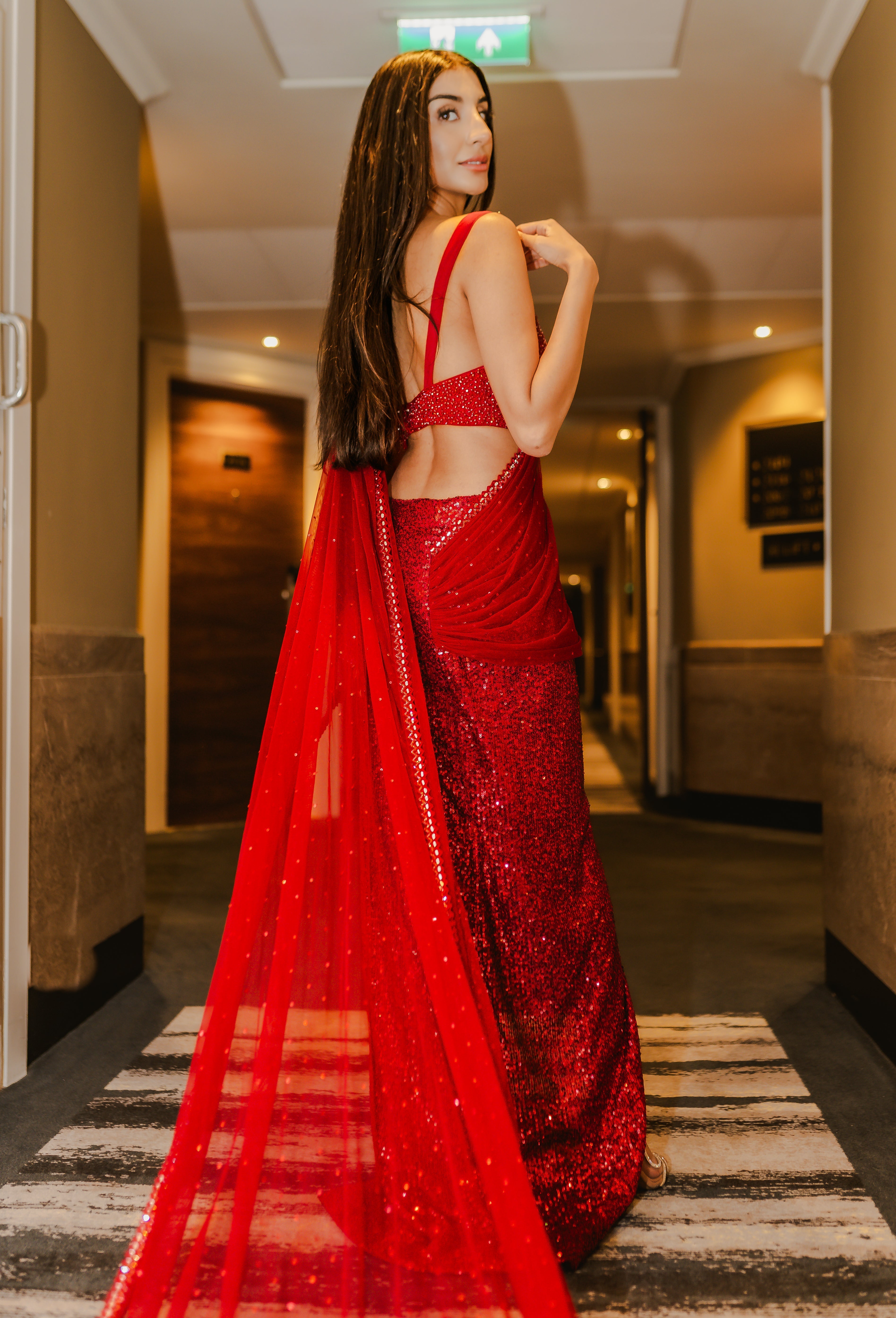 Crimson red drape saree