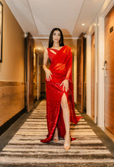 Crimson red drape saree