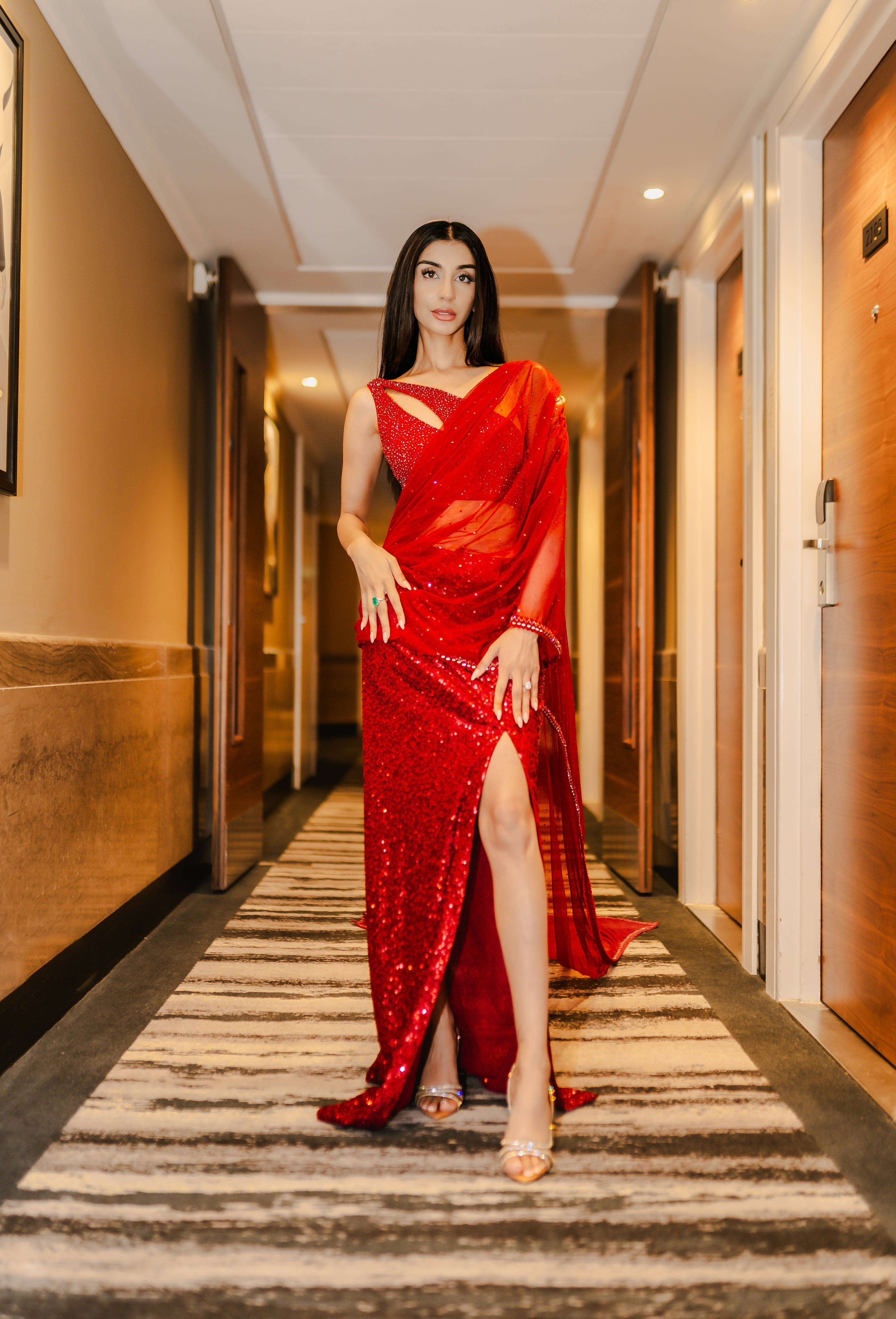 Crimson red drape saree