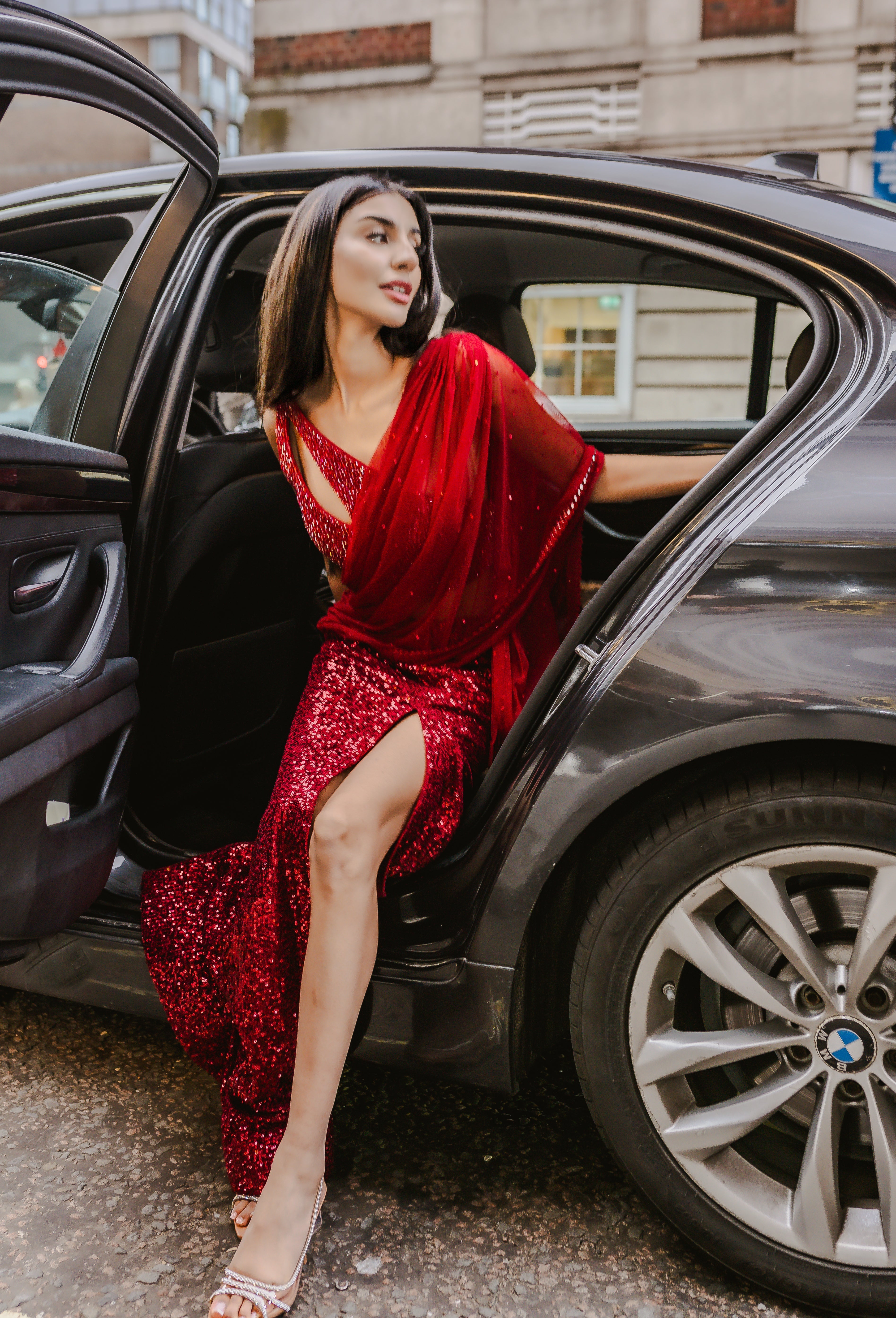 Crimson red drape saree