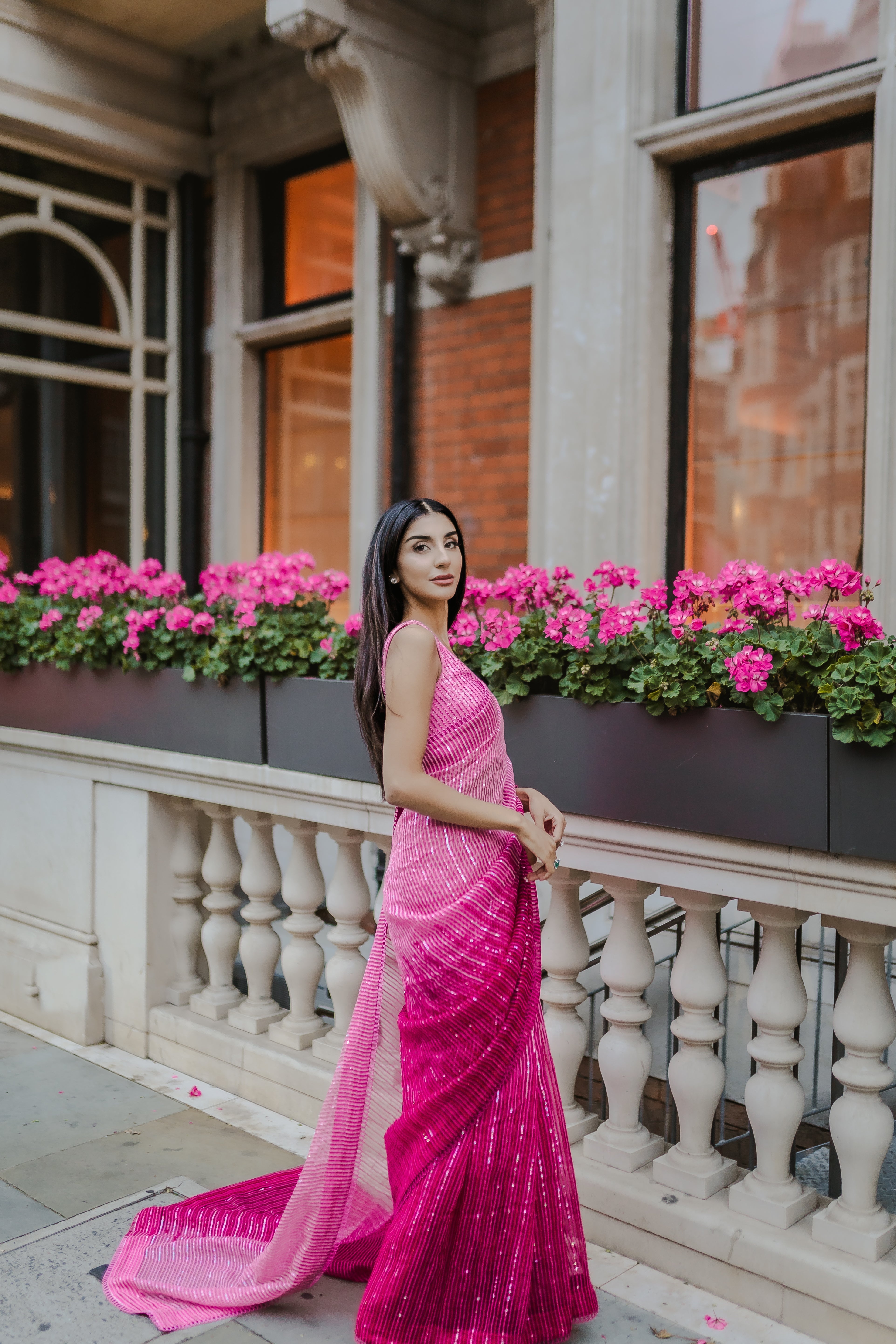 Fuchsia pink ombré organza saree