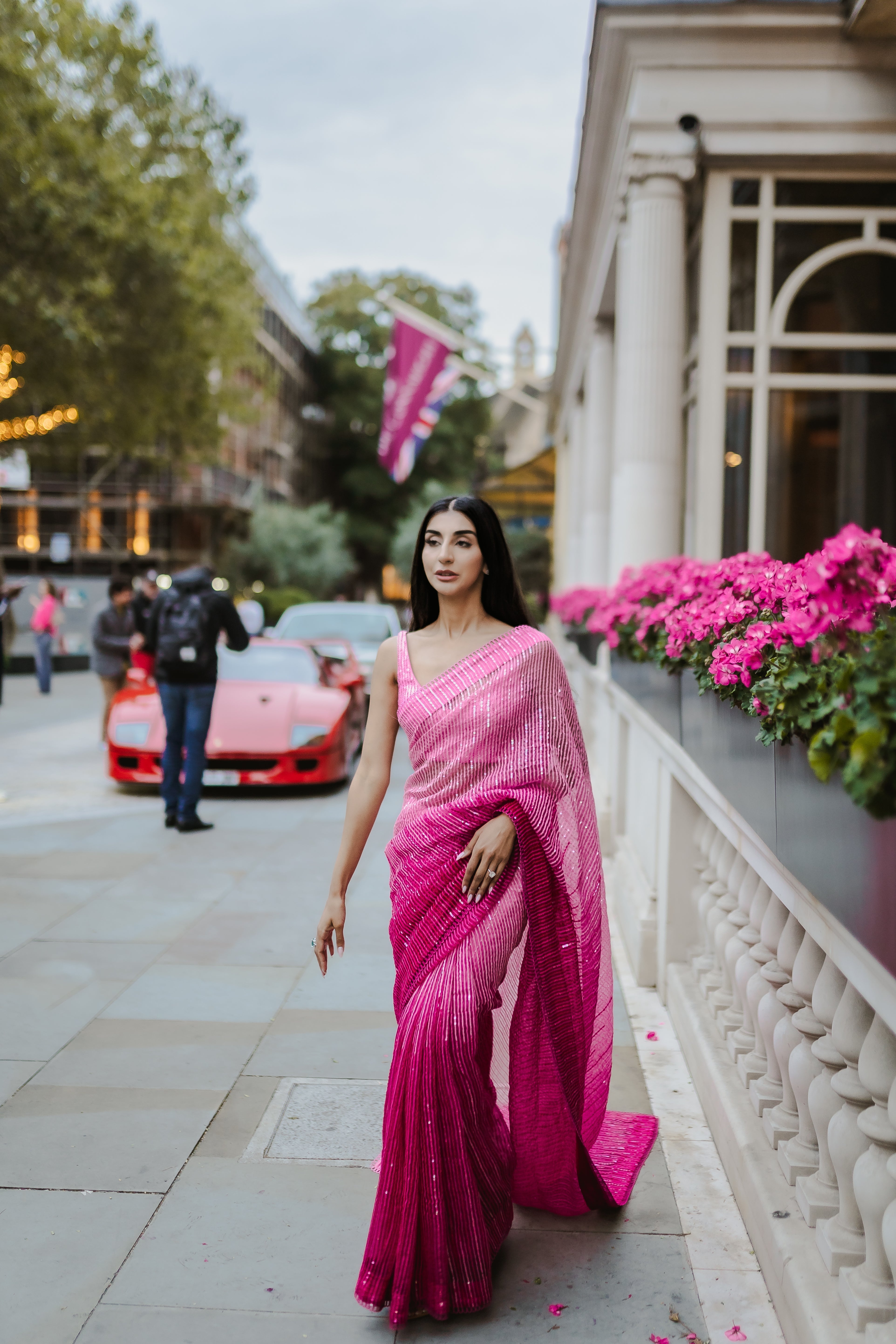 Fuchsia pink ombré organza saree