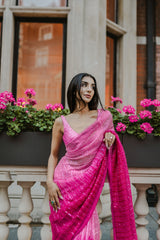 Fuchsia pink ombré organza saree