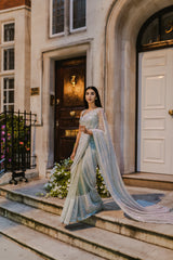 Sage green glass bead honeycomb saree