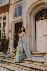 Sage green glass bead honeycomb saree