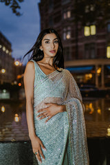 Sage green glass bead honeycomb saree