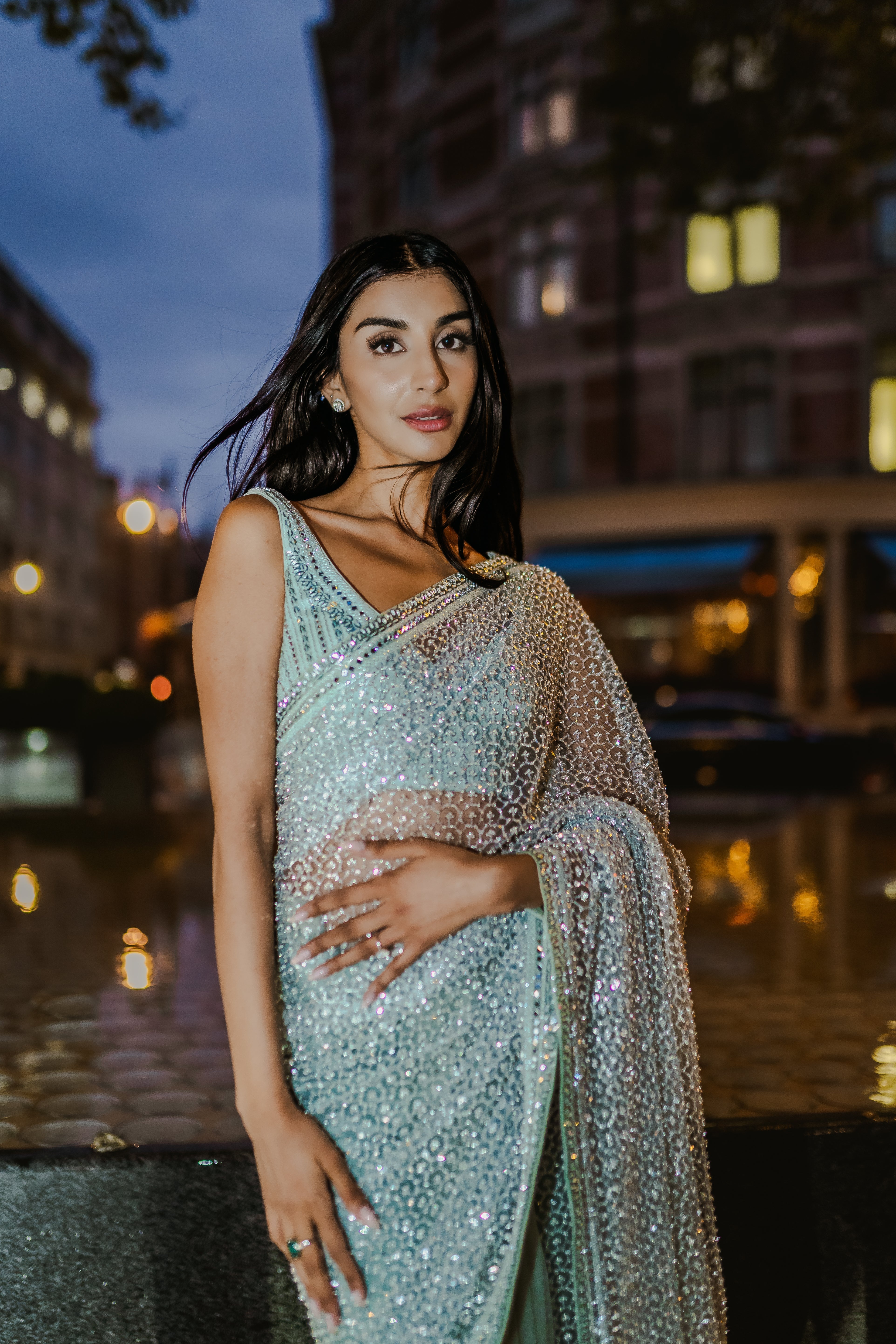 Sage green glass bead honeycomb saree