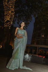 Sage green glass bead honeycomb saree