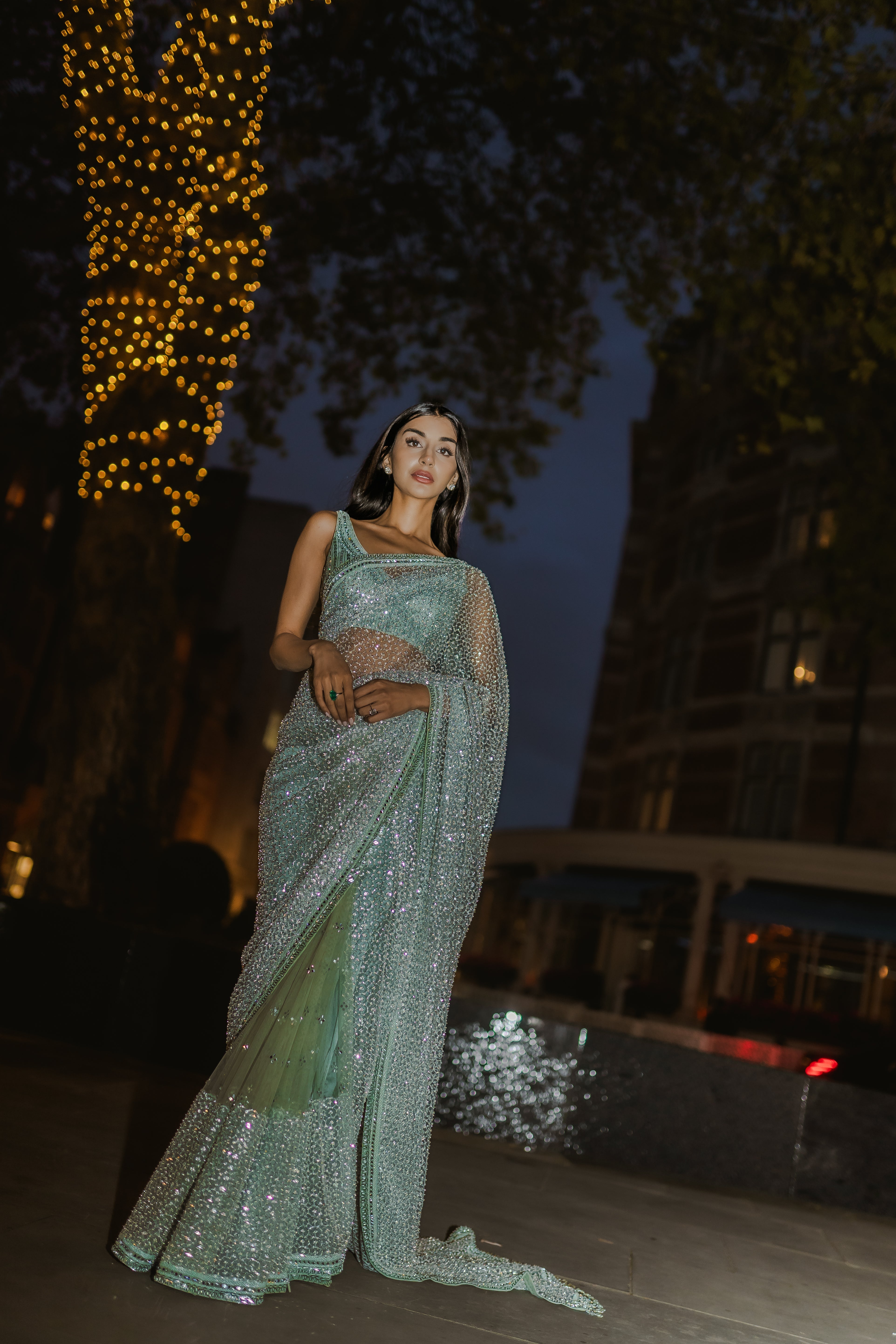 Sage green glass bead honeycomb saree