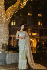 Sage green glass bead honeycomb saree
