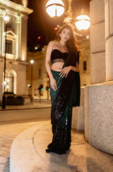 Emerald green to black ombre saree