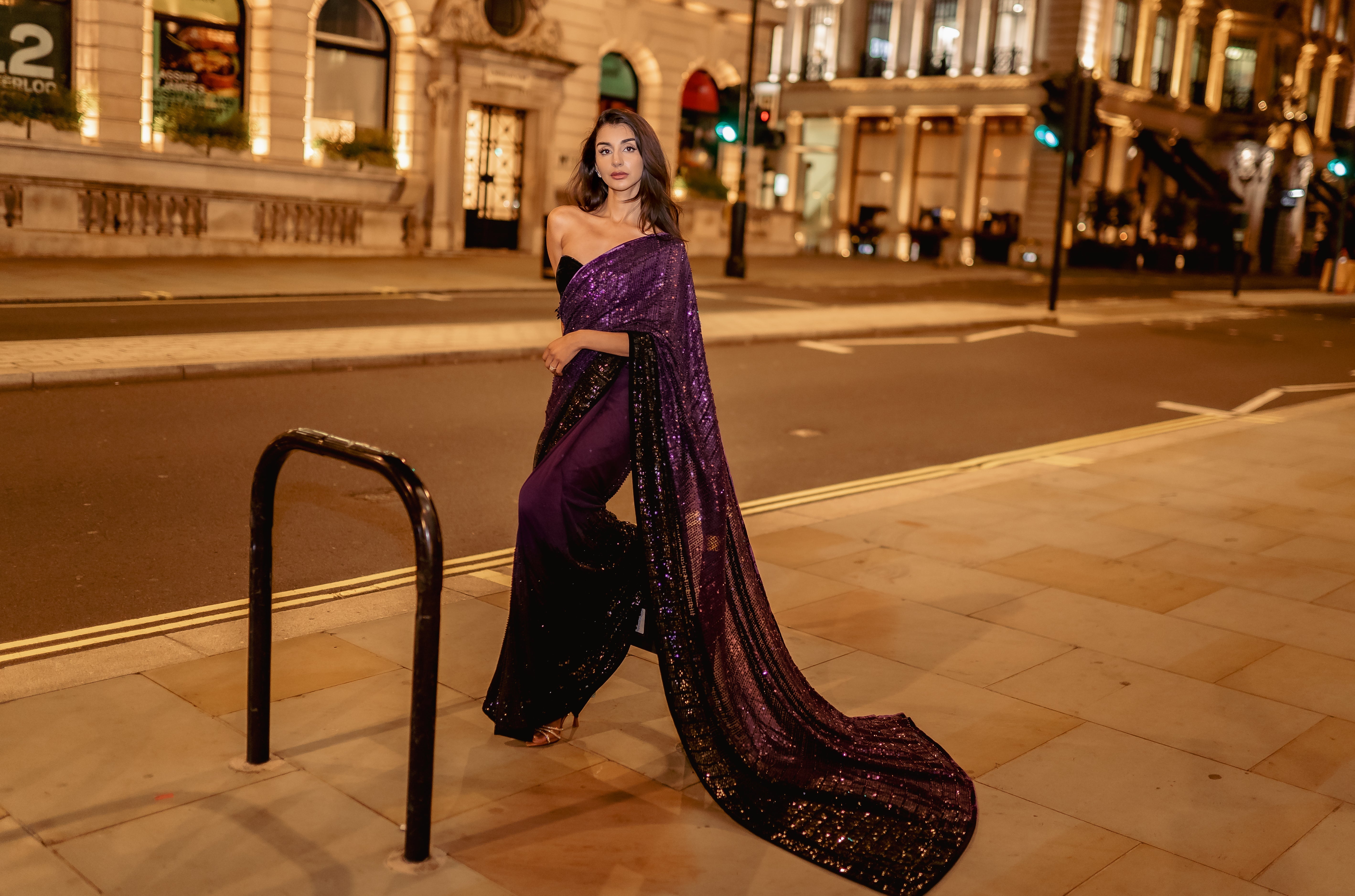 Royal purple to black ombré saree