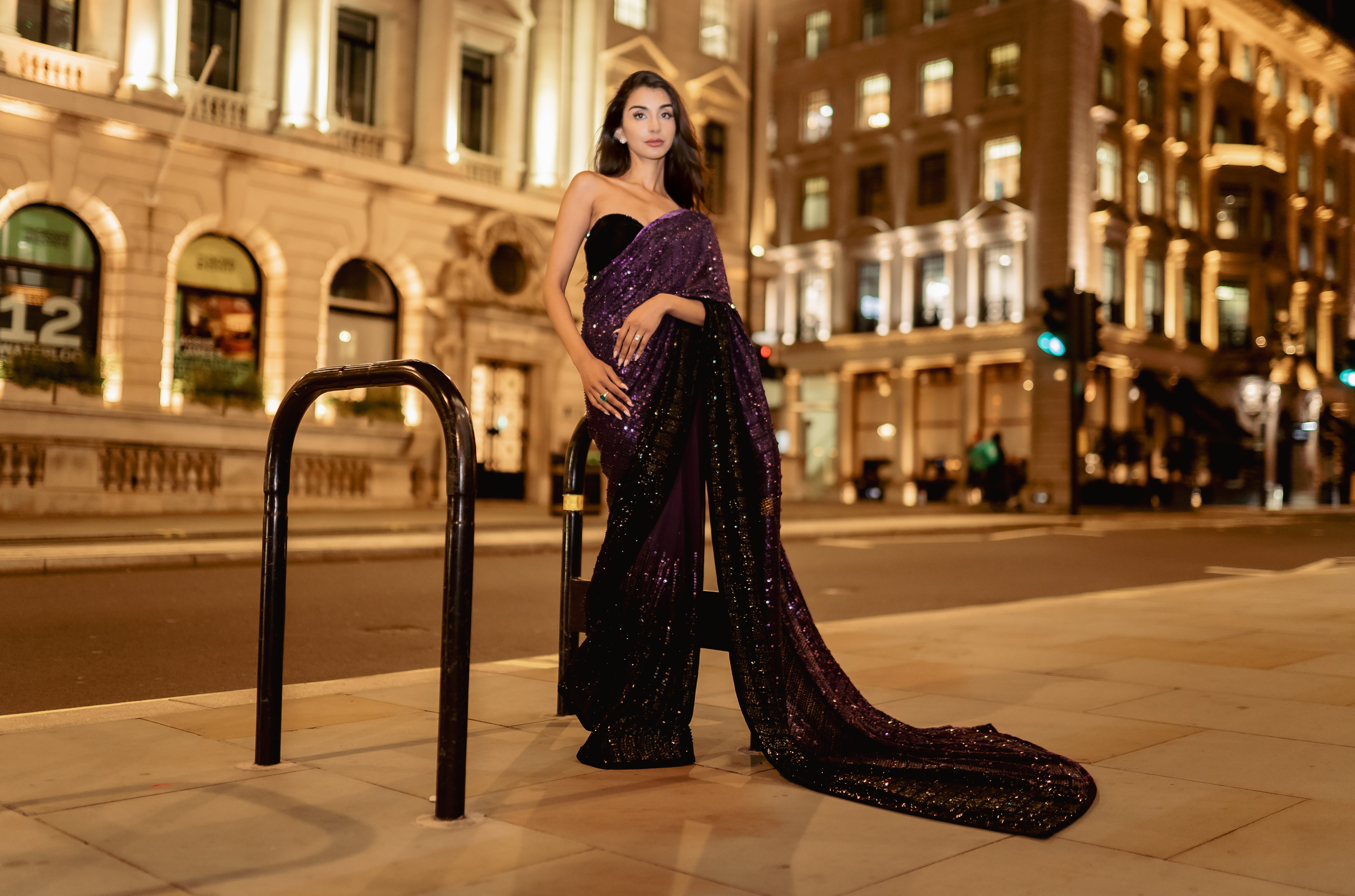 Royal purple to black ombré saree