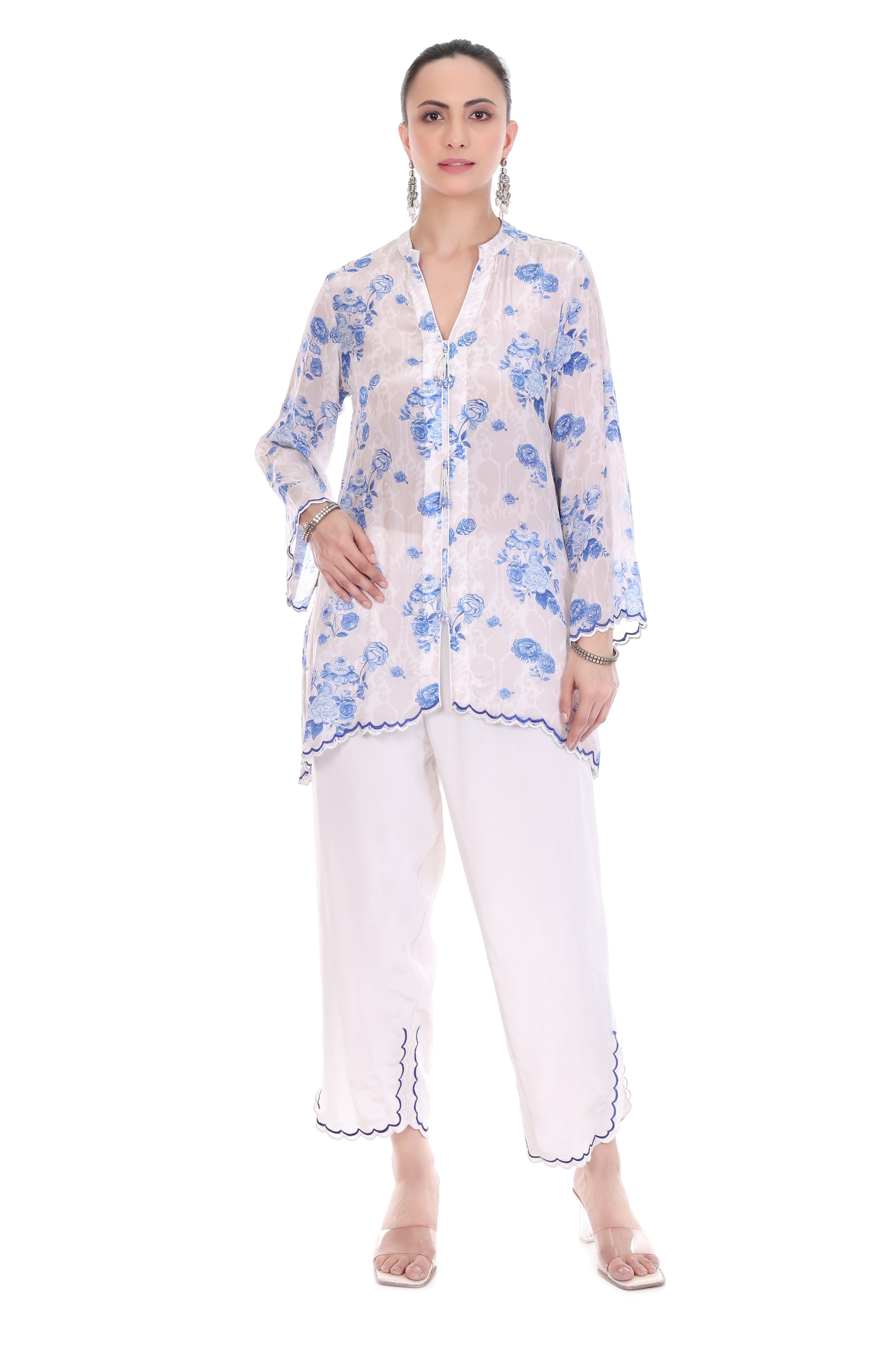 Blue White Floral Printed Cord Set