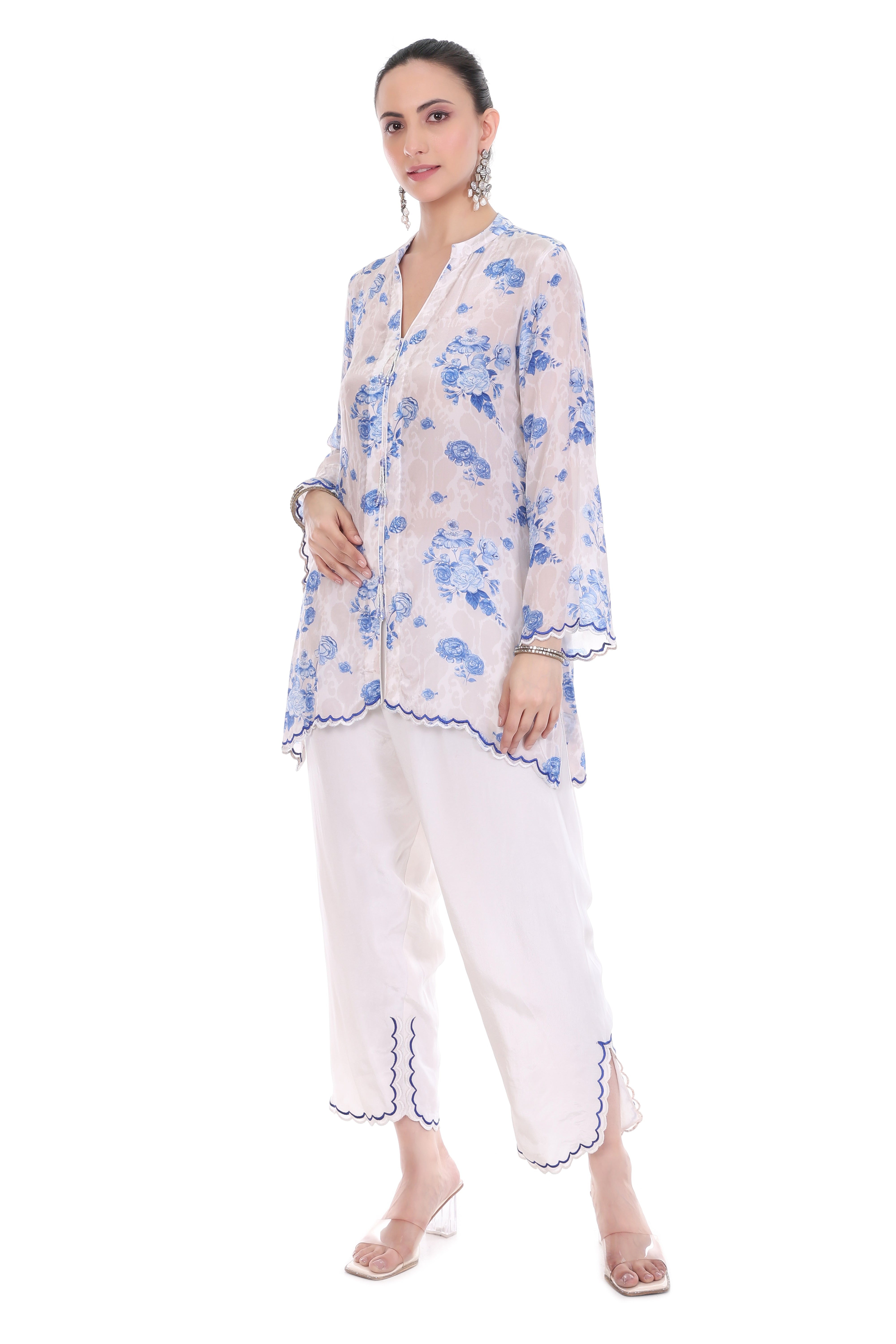 Blue White Floral Printed Cord Set