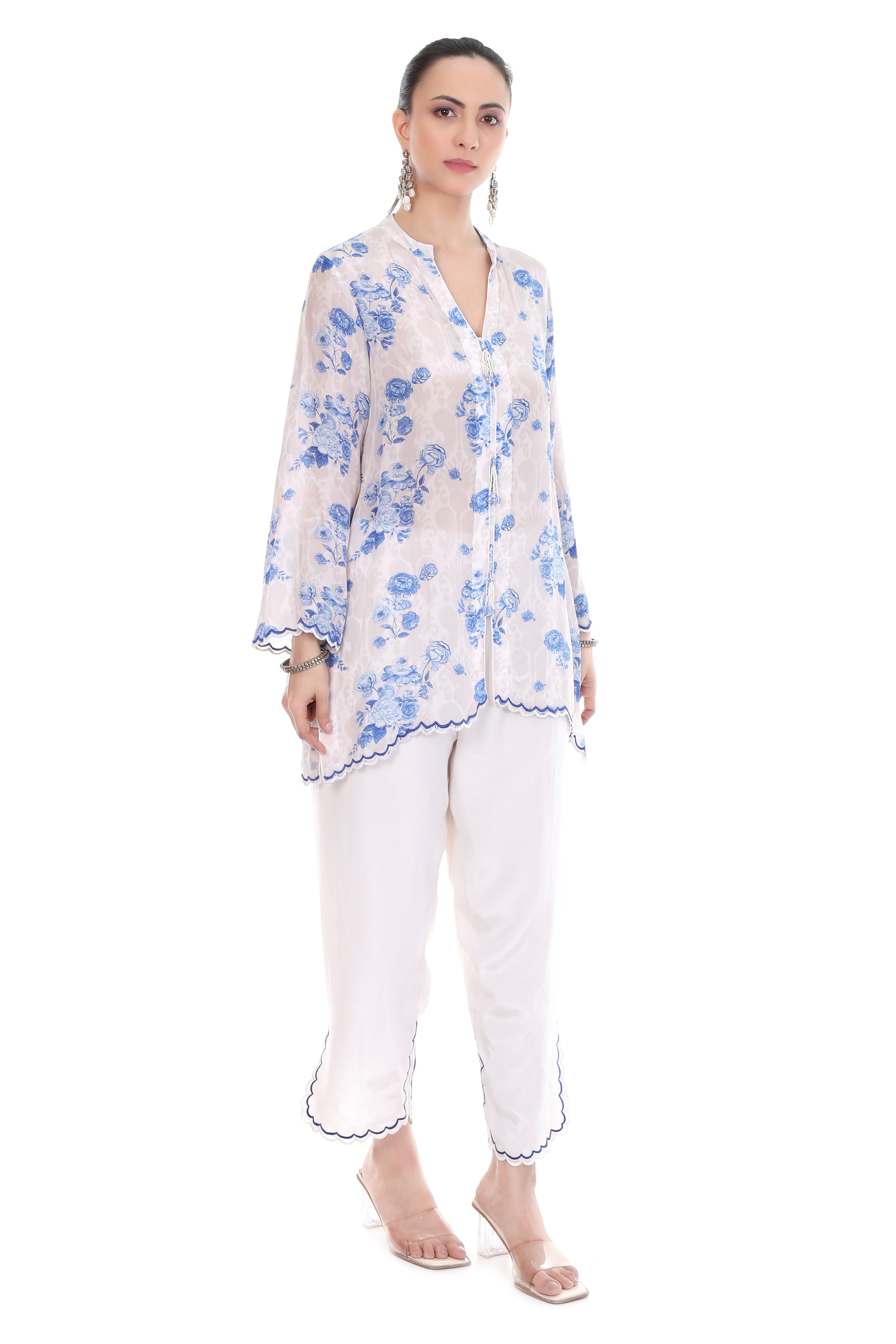 Blue White Floral Printed Cord Set