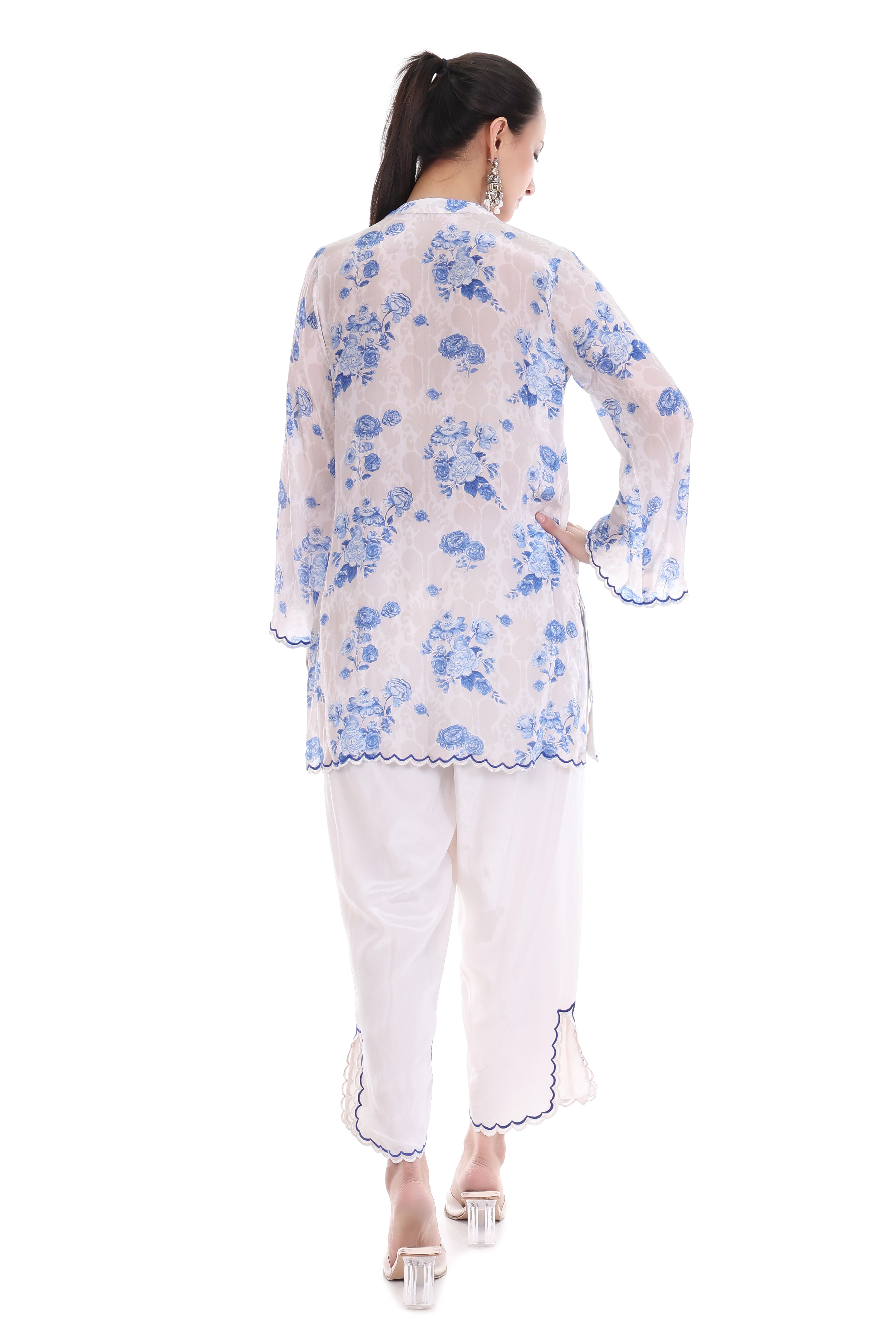 Blue White Floral Printed Cord Set